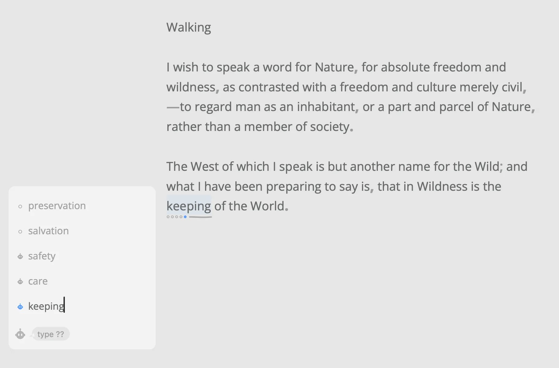 Thoreau’s Walking in Writy’s editor, the Alternatives panel beside its last sentence: “preservation” as written, one other word of the writer’s own, and three from Apple’s model with small robots for their dots, “keeping” in focus and shown in the text.