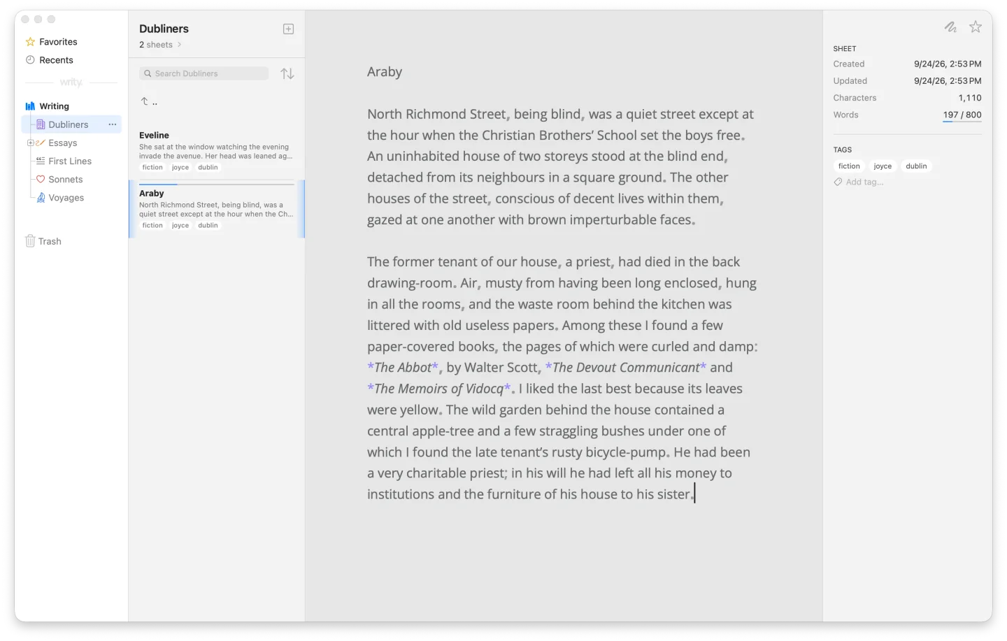 Writy’s window with all four panes: the library’s groups, each with its own icon, the Dubliners sheets, the story Araby open in the editor with the caret at the end of its text, and Sheet Info with its dates, its counts against an 800-word goal, and its tags.