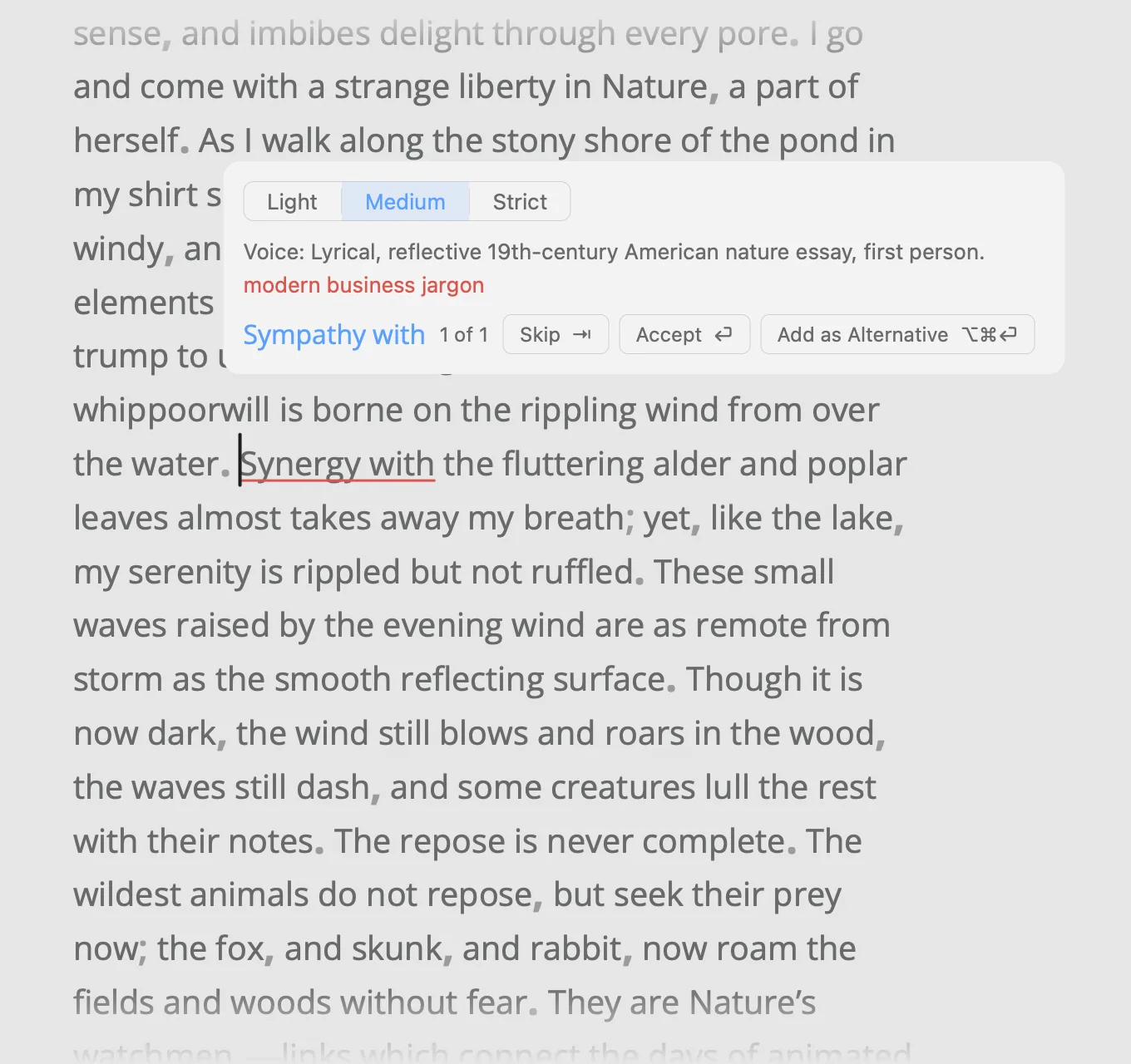 Thoreau’s Solitude, from Walden, in Writy’s editor, with one word of ours in it: “Synergy” where Thoreau wrote “Sympathy”. Above it, Find Off-Tone Words’ box: the dial at Medium, “Voice: Lyrical, reflective 19th-century American nature essay, first person.”, the reason in red, “modern business jargon”, and the suggestion, “Sympathy with”, 1 of 1, with Skip, Accept and Add as Alternative. “Synergy with” is underlined in red, the caret before it.