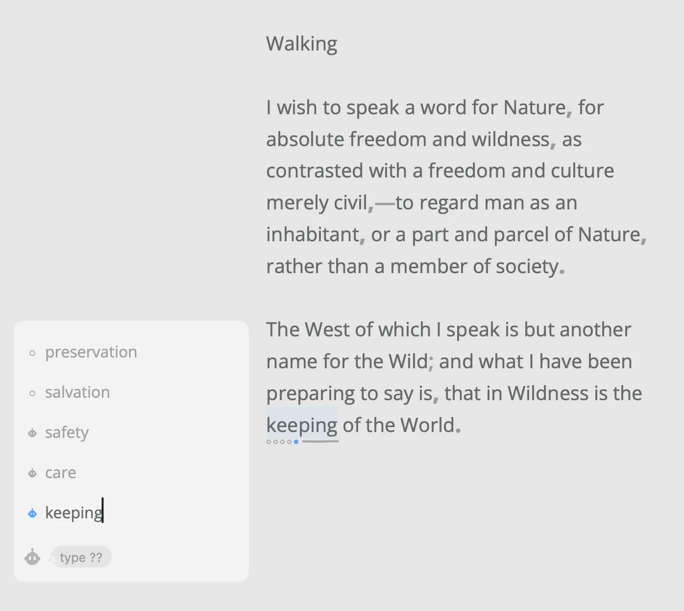 Thoreau’s Walking in Writy’s editor, the Alternatives panel beside “preservation”: the word as written, “salvation”, the writer’s own, and three from Apple’s model, each with a small robot for its dot: “safety”, “care”, and “keeping”, in focus and shown in the text. Under the list, the robot says “type ??”.
