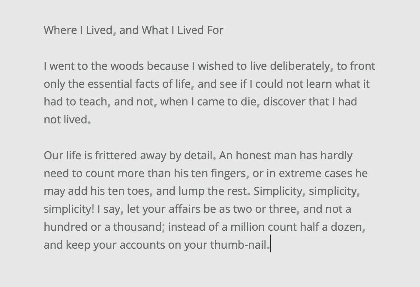 Thoreau’s “Where I Lived, and What I Lived For” in Writy’s editor, the caret at the end of its text.