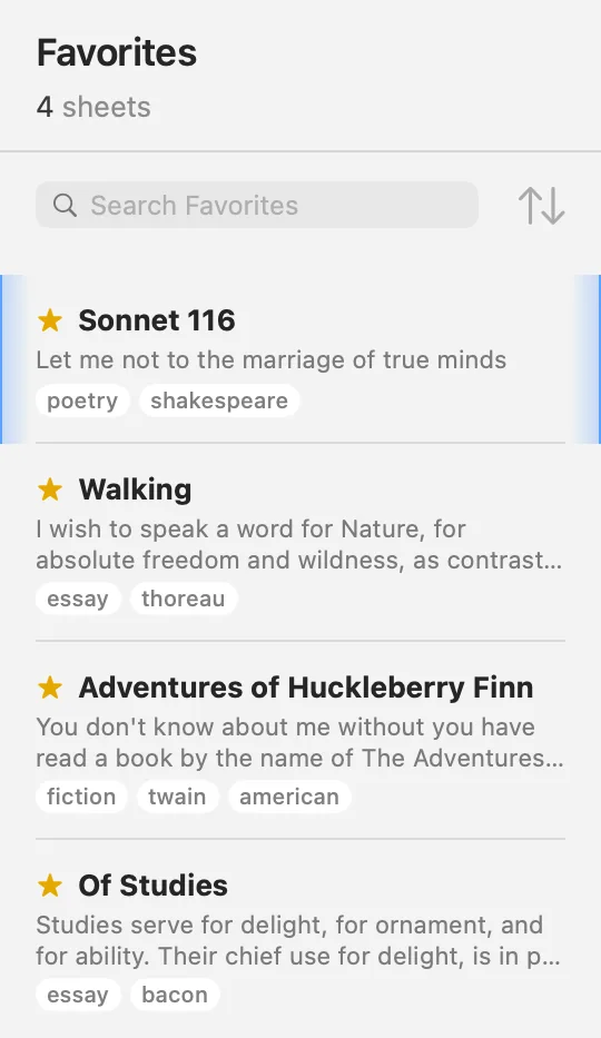 The Favorites list: its title, “4 sheets”, and four starred sheets from different groups, each with a small gold star before its title.