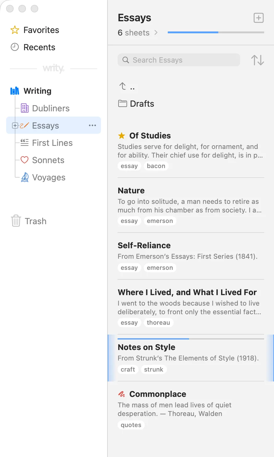 Writy’s library and sheet list: the groups, each with its own icon, Essays selected, a goal bar beside its sheet count, then “..” to go up a level and the Drafts group, above six sheets with their tags — Notes on Style selected, and the scratch sheet Commonplace marked in red.