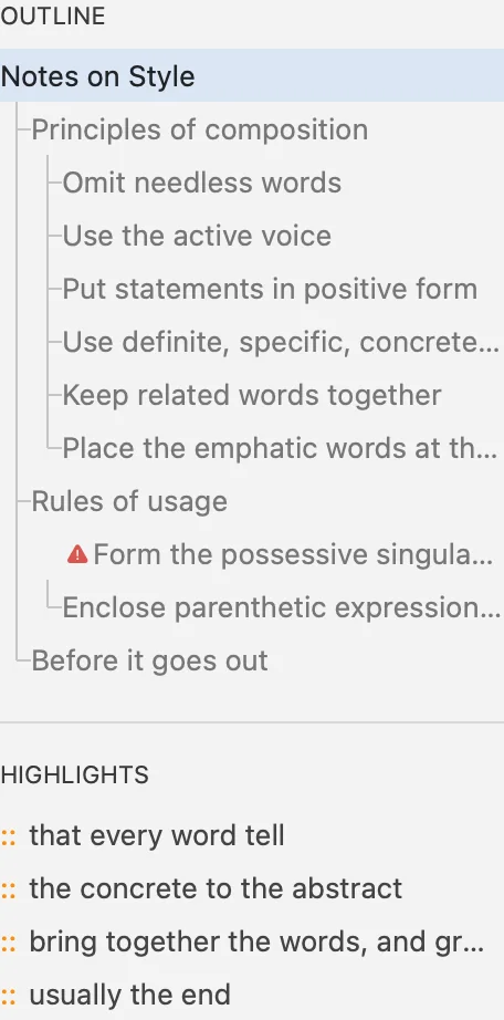 Sheet Info’s Outline: the twelve headings of Notes on Style as a tree, one flagged for skipping a level; below it, the sheet’s four highlighted passages, each led by ::.