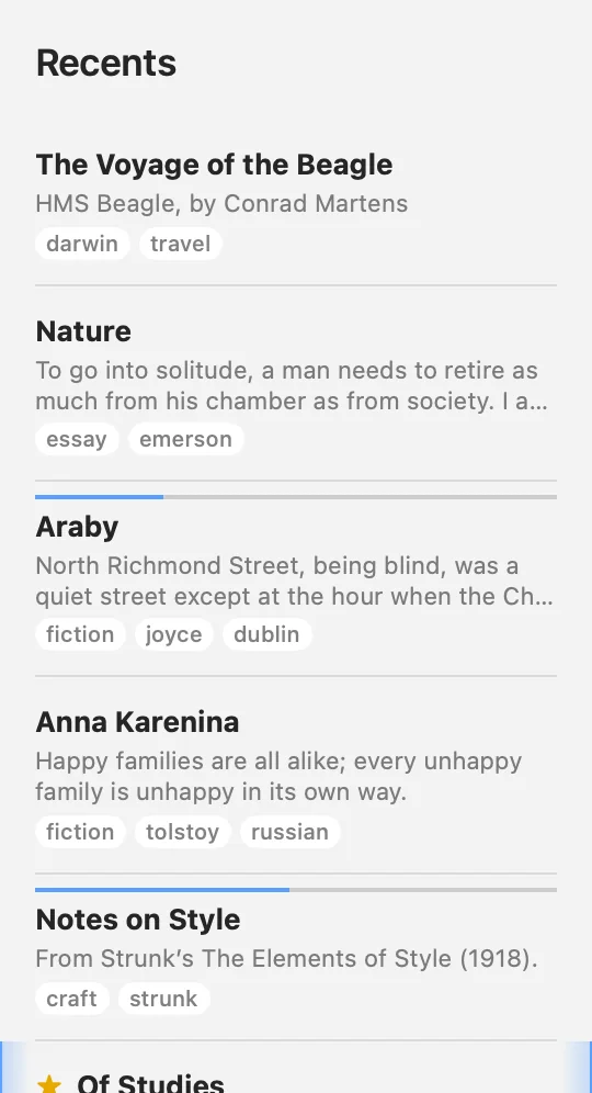 The Recents list: its title, and the sheets edited last from several groups, newest first.