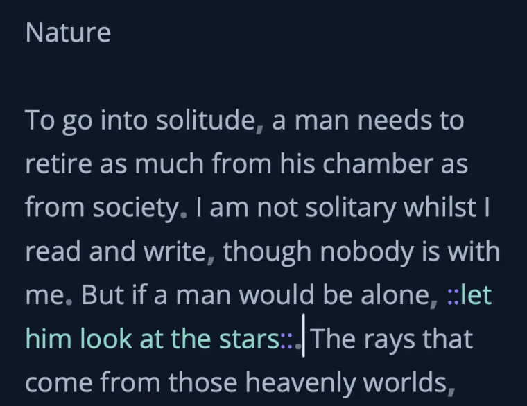 The opening of Emerson’s Nature on a custom blue-black dark, the highlighted phrase “let him look at the stars” in soft teal.