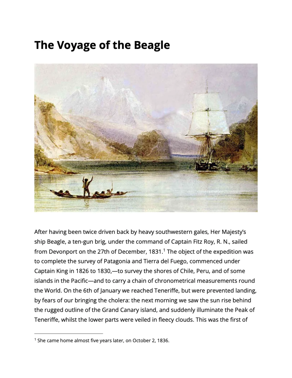 The first page of The Voyage of the Beagle as Writy exports it to PDF: its title, the painting of HMS Beagle across the text, the opening paragraph with a small raised 1, and the footnote at the foot of the page.