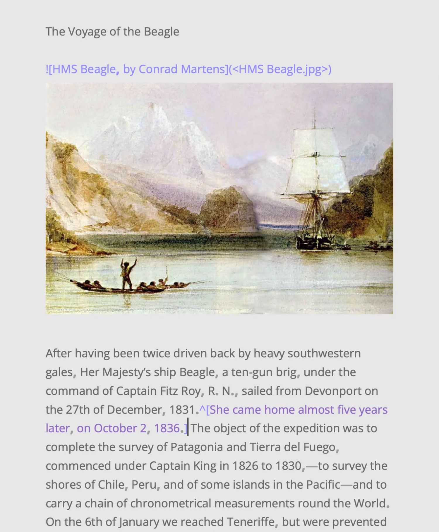 The opening of Darwin’s The Voyage of the Beagle in Writy’s editor: its title, Conrad Martens’ painting of HMS Beagle below its dimmed tag, and the first paragraph with a footnote written in place and muted.