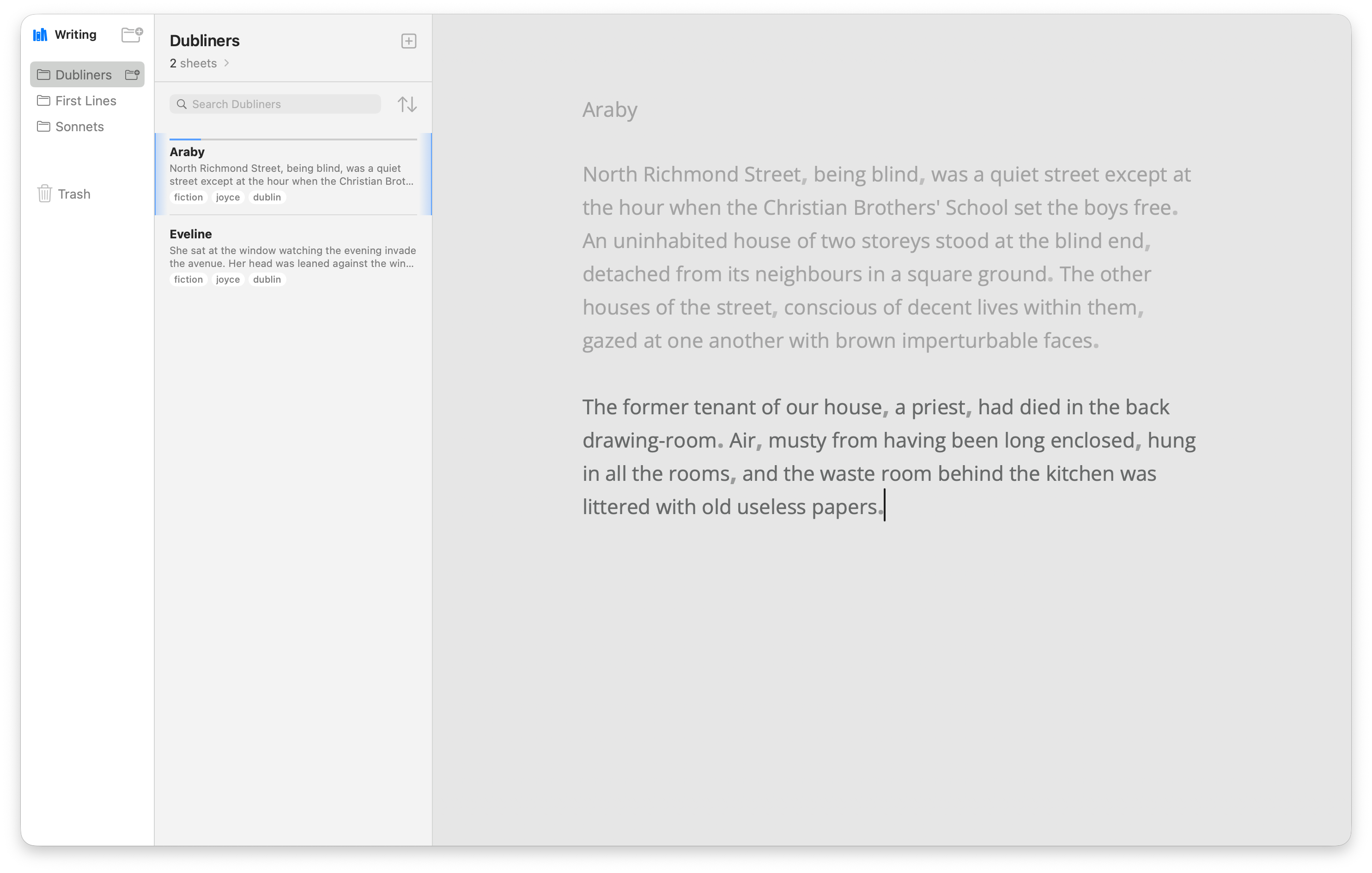 Writy in focus mode with the story Araby open: the last paragraph, where the caret is, stays at full strength while the title and the paragraph above it are dimmed.