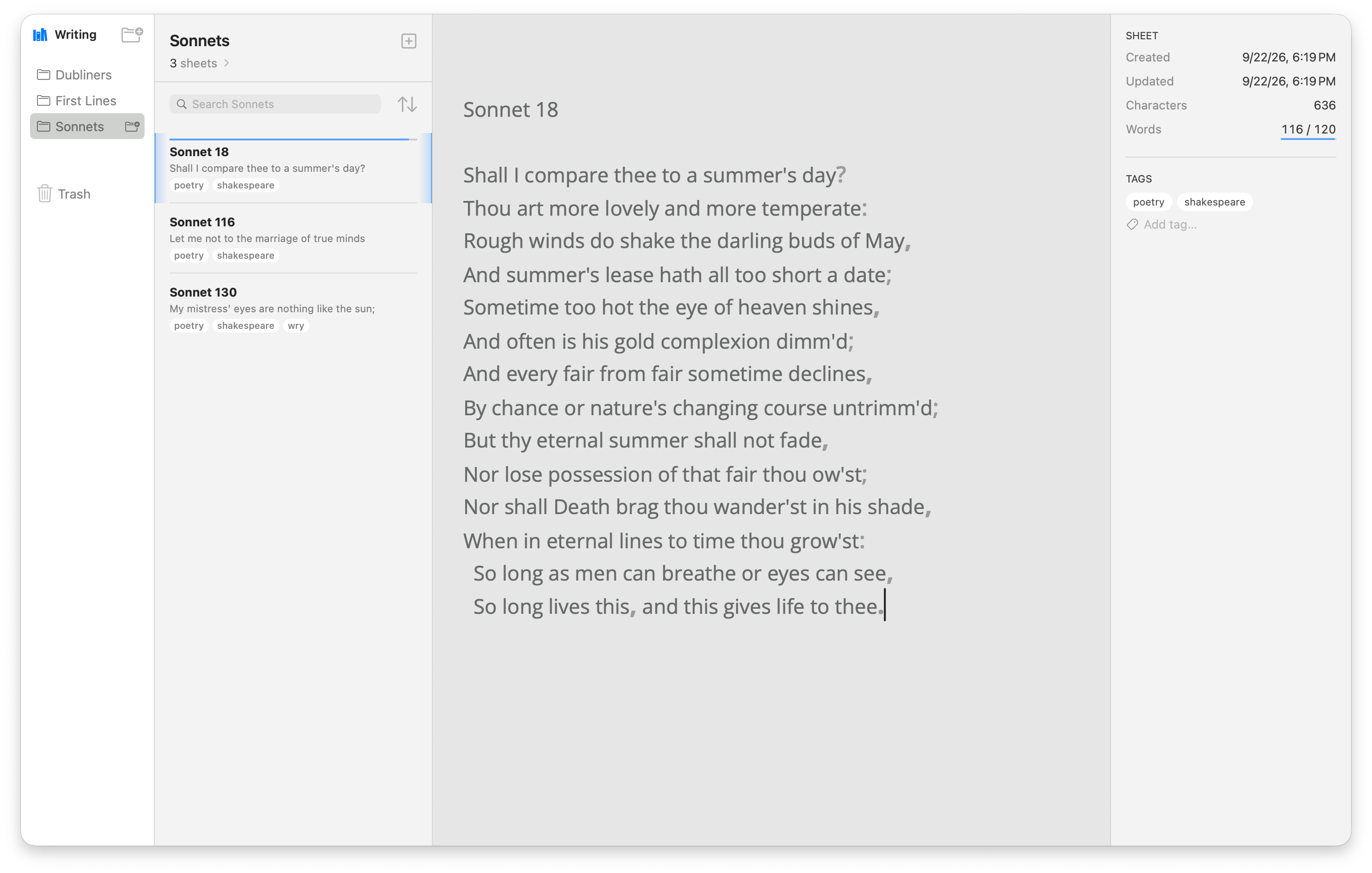 Writy with the Sonnets group open: each sheet in the list shows its tags, Sonnet 18 carries a goal progress bar, and the Sheet Info pane shows its word count against a 120-word goal and its tags.